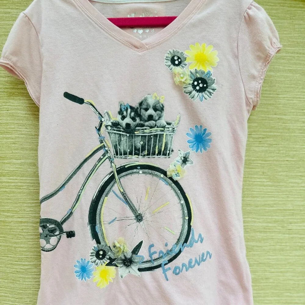 Justice Puppy Bicycle Basket Tee Pink Girls Size 8 Rhinestone Flower Shirt